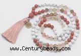 GMN6305 Knotted white howlite, cherry quartz & red jasper 108 beads mala necklace with tassel & charm