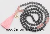 GMN6317 Knotted matte black agate, black labradorite & rose quartz 108 beads mala necklace with tassel & charm