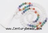 GMN6319 Knotted 7 Chakra white jade 108 beads mala necklace with tassel & charm
