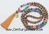 GMN6323 Knotted 7 Chakra yellow tiger eye 108 beads mala necklace with tassel & charm