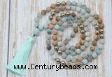 GMN6344 Knotted 8mm, 10mm matte amazonite & picture jasper 108 beads mala necklace with tassel