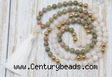 GMN6349 Knotted 8mm, 10mm unakite, white jade & hematite 108 beads mala necklace with tassel