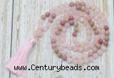 GMN6351 Knotted 8mm, 10mm rose quartz & pink wooden jasper 108 beads mala necklace with tassel