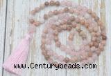 GMN6355 Knotted 8mm, 10mm sunstone, rose quartz & white jade 108 beads mala necklace with tassel