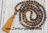 GMN6358 Knotted 8mm, 10mm yellow tiger eye, garnet & smoky quartz 108 beads mala necklace with tassel