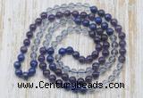GMN6400 Hand-knotted 8mm, 10mm amethyst, white crystal & lapis lazuli 108 beads mala necklaces