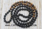 GMN6411 Hand-knotted 8mm, 10mm matte black agate & yellow tiger eye 108 beads mala necklaces