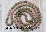 GMN6448 Hand-knotted 8mm, 10mm matte unakite & pink wooden jasper 108 beads mala necklaces