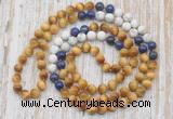 GMN6457 Knotted 8mm, 10mm golden tiger eye, lapis lazuli & matte white howlite 108 beads mala necklaces