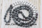 GMN6459 Knotted 8mm, 10mm snowflake obsidian, garnet & matte white howlite 108 beads mala necklaces