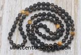 GMN6469 Knotted 8mm, 10mm black lava, smoky quartz & golden tiger eye 108 beads mala necklaces