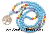 GMN6485 Knotted 7 Chakra 8mm, 10mm turquoise 108 beads mala necklace with charm