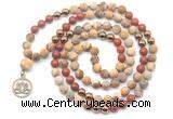 GMN6492 Knotted 8mm, 10mm matte picture jasper & red jasper 108 beads mala necklace with charm