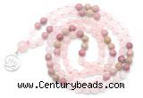 GMN6497 Knotted 8mm, 10mm rose quartz & pink wooden jasper 108 beads mala necklace with charm