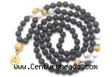 GMN6515 Knotted 8mm, 10mm black lava, matte white howlite & golden tiger eye 108 beads mala necklace with charm