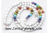 GMN7074 7 Chakra 8mm white howlite 108 mala beads wrap bracelet necklaces