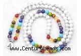 GMN7076 7 Chakra 8mm white howlite 108 mala beads wrap bracelet necklaces