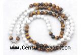 GMN7087 Chakra 8mm white howlite & yellow tiger eye 108 mala beads wrap bracelet necklaces