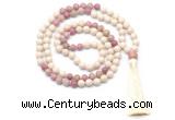 GMN8550 8mm, 10mm white fossil jasper & pink wooden jasper 108 beads mala necklace with tassel