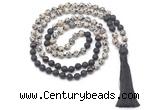 GMN8574 8mm, 10mm dalmatian jasper, black lava & garnet 108 beads mala necklace with tassel