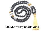 GMN8578 8mm, 10mm black lava, matte white howlite & golden tiger eye 108 beads mala necklace with tassel