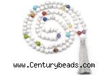 GMN8601 Hand-knotted 7 Chakra 8mm, 10mm white howlite 108 beads mala necklace with tassel