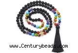 GMN8615 Hand-knotted 7 Chakra 8mm, 10mm black lava 108 beads mala necklace with tassel