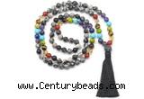 GMN8624 Hand-knotted 7 Chakra 8mm, 10mm black water jasper 108 beads mala necklace with tassel