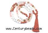 GMN8628 8mm, 10mm matte white howlite, red jasper & cherry quartz 108 beads mala necklace with tassel